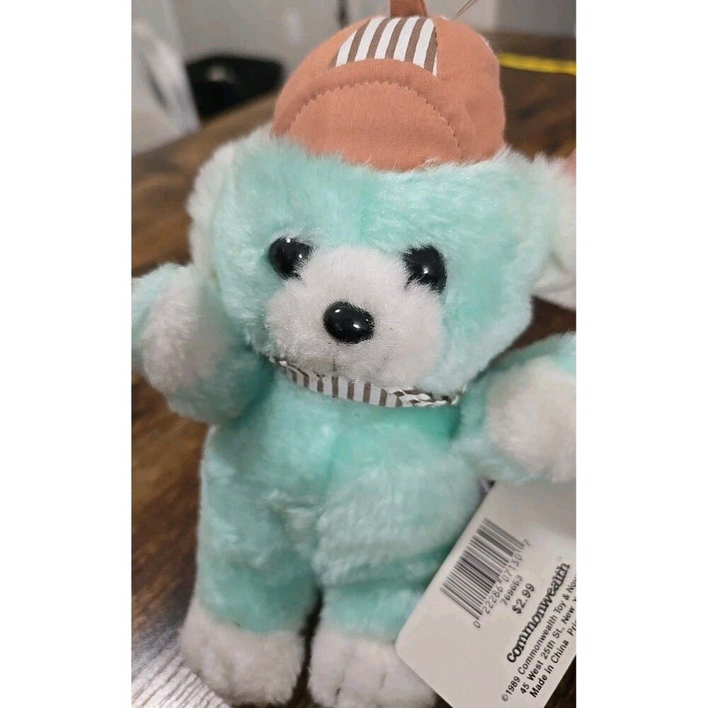 Vintage 1989 Commonwealth Plush Teal Bear Striped Hat NWT 80's Toy